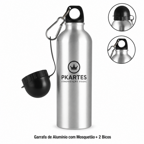 Garrafa de Alumínio com Mosquetão + 2 Bicos