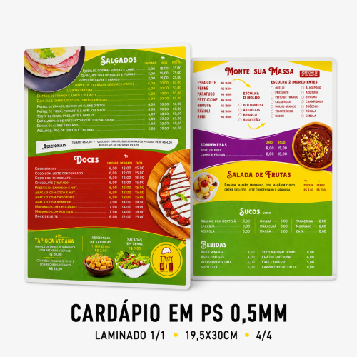 Cardápio em PS 0,5mm - Laminado 1/1 - 19,5x30cm - 4/4 
