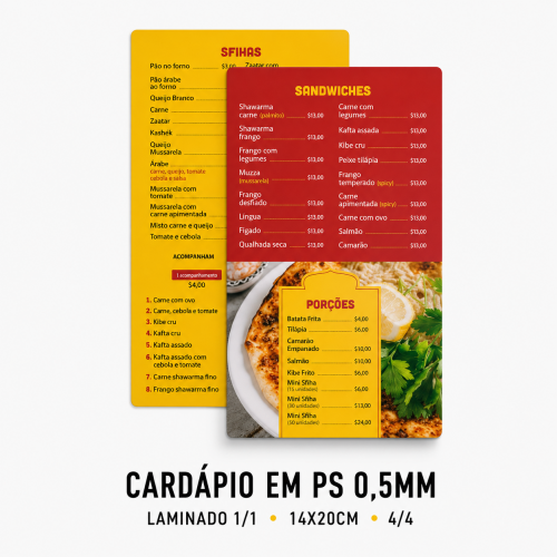 Cardápio em PS 0,5mm - Laminado 1/1 - 14x20cm - 4/4 