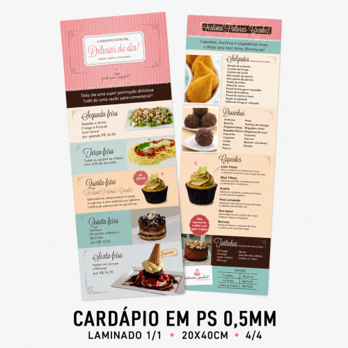 Cardápio em PS 0,5mm - Laminado 1/1 - 20X40cm - 4/4 