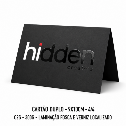 Cartão Duplo - 9x10cm - 4/4 - C2S - 300g - Laminação Fosca e Veniz Localizado